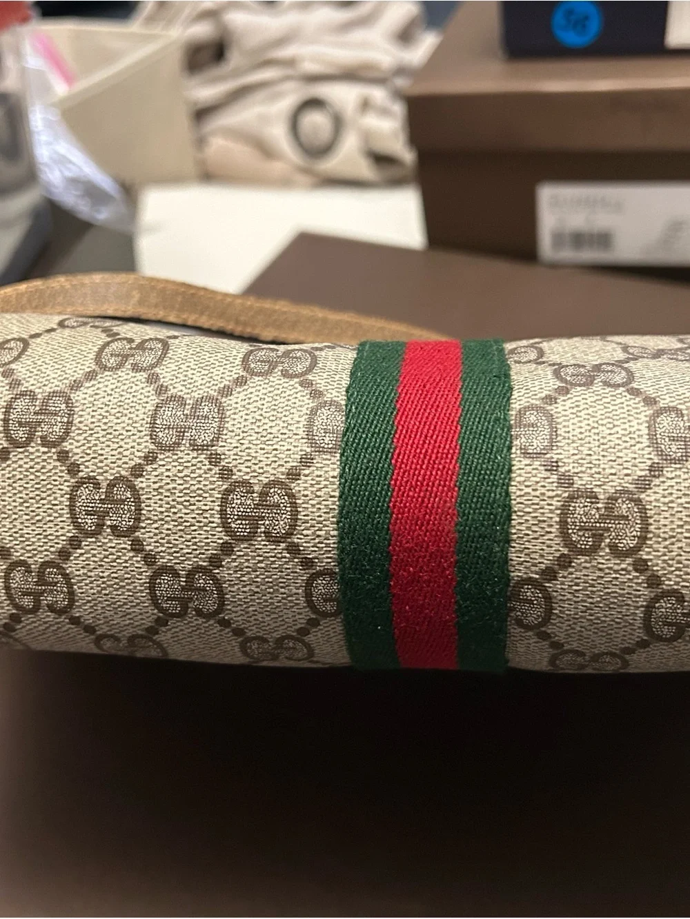 Gucci Beige Brown Monogram Canvas Backpack with Green-Red Web